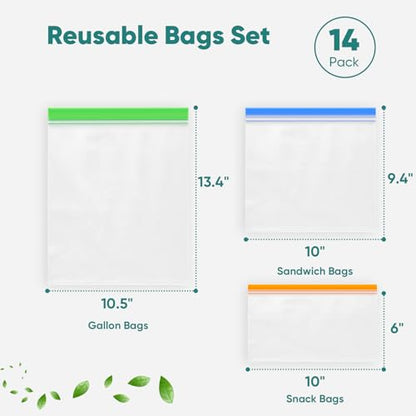Lerine 14 Pack Reusable Freezer Bags Dishwasher Microwave Safe, Leakproof Extra-Large Reusable Snack Bags, BPA Free Food Storage Bags for Meal Prep (4 Gallon 6 Sandwich 4 Snack Bags)