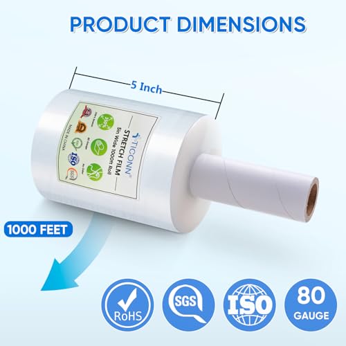 TICONN Stretch Wrap Roll, 5 in x 1000 ft Plastic Wrap for Moving Furniture - style: 5''-4PK