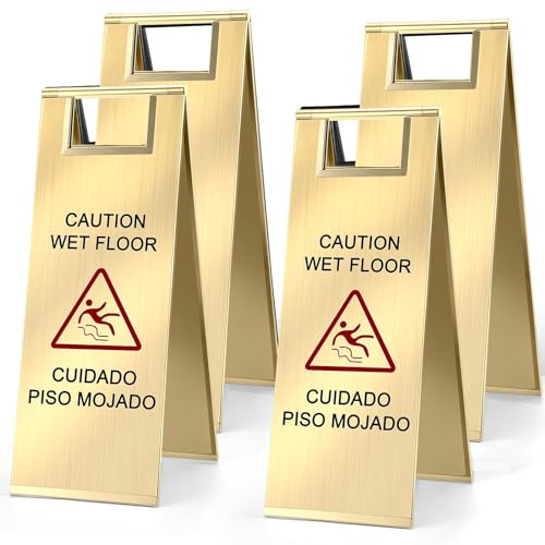 LEIFIDE 4 Pcs Stainless Steel Wet Floor Sign Bulk, Gold - color: Gold