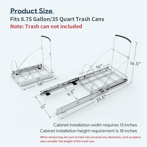 Tanamu Pull Out Trash Can Under Cabinet，Under Sink Slide Out Garbage for Kitchen，Requires 13" W X 18" D Minimum Cabinets，Not Included Can，Chrome Adjustable for 7-10 Gal Can