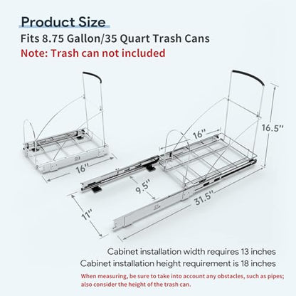 Tanamu Pull Out Trash Can Under Cabinet，Under Sink Slide Out Garbage for Kitchen，Requires 13" W X 18" D Minimum Cabinets，Not Included Can，Chrome Adjustable for 7-10 Gal Can