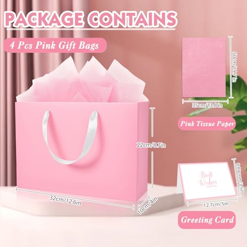 Epoesch 4 Pack Medium Pink Gift Bags with Handles and 12 Tissue Papers - color: Pink Gift Bags