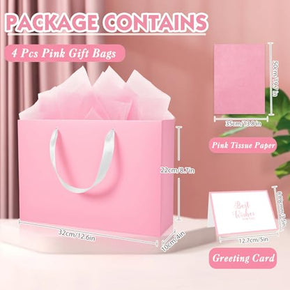 Epoesch 4 Pack Medium Pink Gift Bags with Handles and 12 Tissue Papers - color: Pink Gift Bags