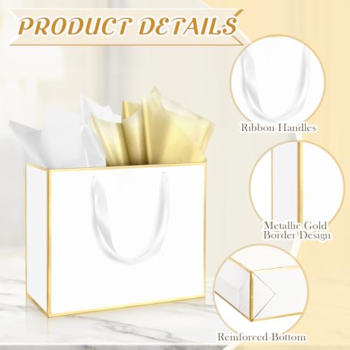 ReliThick 12 Pack Paper Gift Bag with Handles & Tissue, White, Gold - color: White, Gold