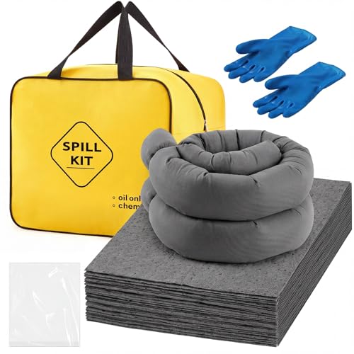 24 Pcs Universal Spill Kit, Portable Complete Emergency Spill Kit, Absorbs Oils Water and More, Yellow Bags, 15 Absorbent Pads, 2 Pcs 3" x 3.3' Sorbent Socks, 5 Disposal Bags, PVC Gloves, 1-Pack