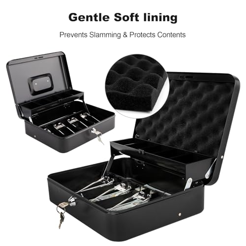 Cash Box with Key Lock & Foam Auto-Pop Coin Tray – Secure Steel Money Box with 4 Upgraded Finger-Safe Bill Clips, Premium Smooth Scratch-Resistant Coating, 11.8"L x 9.5"W x 3.5"H, KL Black - color: KL Black