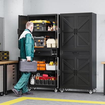 Letaya Metal Garage Storage Cabinets with Wheels,Black Rolling Tool Cabinet - color: Black, size: 15.7” D x 32” W x 73” H