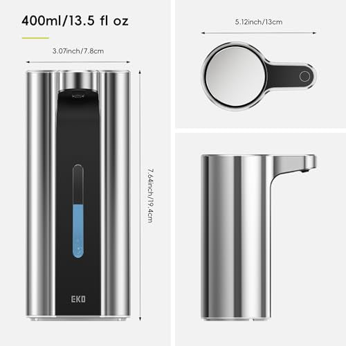 EKO Aroma Pro 13.5 fl oz Touchless Automatic Liquid Soap Dispenser, Rechargeable Hand & Dish Soap Dispenser for Bathroom and Kitchen, Waterproof, Adjustable Volume Control (Chrome Metallic) - color: Chrome Metallic, size: 13.5 oz