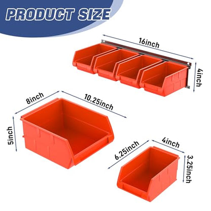 WALMANN Wall Mount Storage Bins for Small Parts, 10 Bins with 3 Metal Rails - color: Orange-red