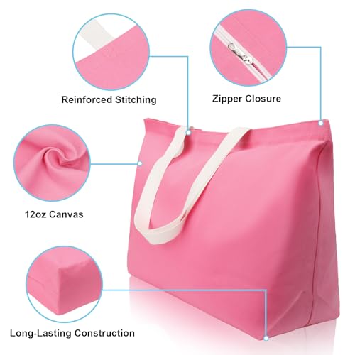 Large Canvas Tote Bag Reusable Extra Big Grocery Bags - color: Pink With Zipper