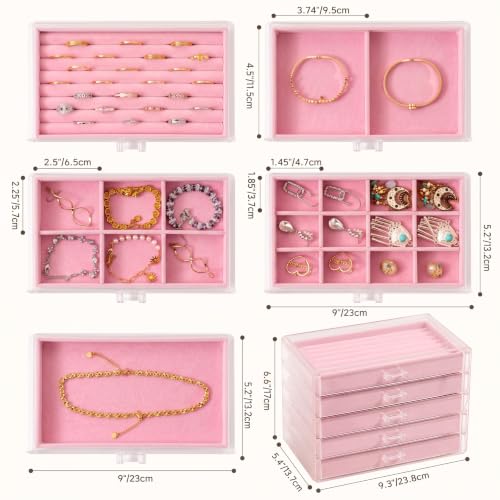 Frebeauty Acrylic Jewelry Box,5-Layer Jewelry Organizer with Drawers - color: Pink