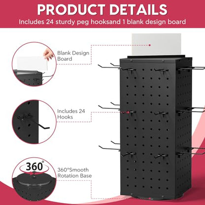 Rotating Pegboard Display Stand With 24 Hooks ,Metal Spinning Peg Board Displays, Desk Pegboard,Merchandise Display Rack for Selling Accessories Vendors & Events Retail Craft Shows & Fairs ( Black) - color: Black
