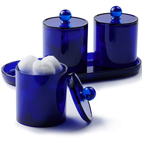 SheeChung 3 PCS Qtip Holder Bathroom Set with Tray, Acrylic Apothecary Jars - color: Blue