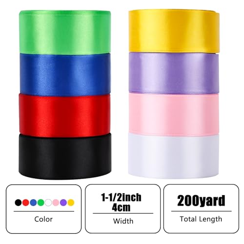 NESCCI 200 Yards Ribbon,1-1/2 Inch Satin Ribbon,Single Face Satin Ribbons - color: 8 Colors-A, size: 1-1/2 Inch | 25 yards
