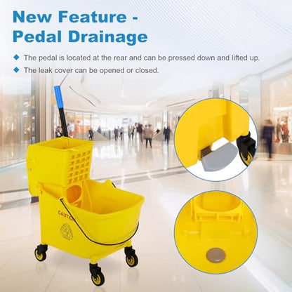 35 Qt Commercial Mop Bucket with Side Press Wringer on Wheels,Mop and Bucket Set, Add One Industrial Mop and One Mop Head Replacement
