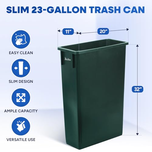 PLASTIC PRINCE 23 Gallon Slim Trash Can Kitchen, Commercial Tall Trash Bin Narrow, Rectangular Slim Jim Skinny Garbage Can for Home Garage Cabinet Restaurant, Green - style: Green Can