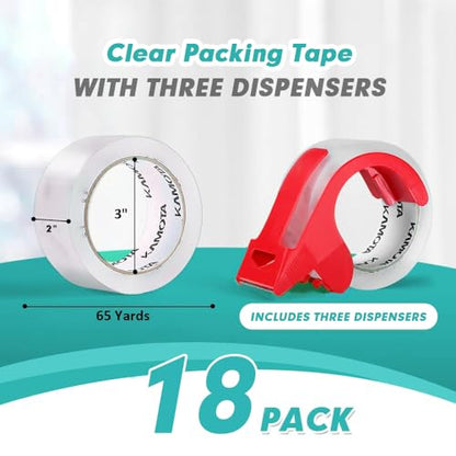 KAMOTA Packing Tape with Dispensers, 18 Rolls 2 Inch Wide Shipping Tape - size: 2"-18 Rolls