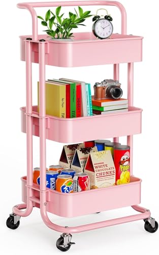 Pipishell Metal 3 Tier Rolling Cart with Handle & 2 Lockable Wheels, Pink - color: Pink, size: 3-Tier