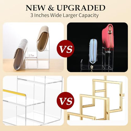 6Pcs Clear Acrylic Display Stand Bundle with Gold Trim, 4 Adjustable Purse Holders (14"-24") & 2 Widen 3-Tier Wallet Risers, Handbag and Clutch Countertop Organizer Rack Set for Retail Boutique