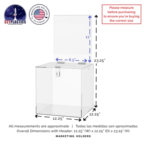 Marketing Holders 12 Inch Locking Ballot Box with Removable 8.5" x 11" Header Sign Holder Clear Acrylic Cube Suggestion or Contest Bin - size: 12"W x 12"H Clear