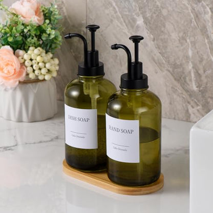 Glass Soap Dispenser with Pump, Dish and Hand Soap Dispenser for Kitchen Bathroom Set, Clear Glass Dispenser Set of 2 Pack with 18 Stickers Funnel Bamboo Tray 500ml 18oz Olive Green - color: Glass Olive Green