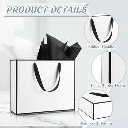 ReliThick 12 Pack Paper Gift Bag with Handles & Tissue, White, Black - color: White, Black