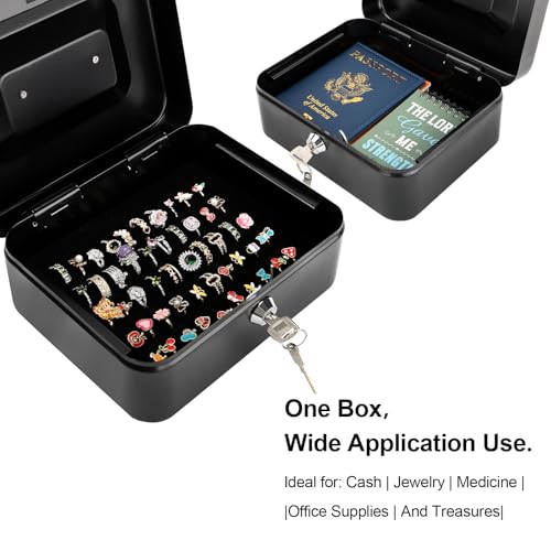 Jssmst Locking Medium Steel Cash Box with Money Tray,Lock Box,Black - color: Black, size: M(7.87")