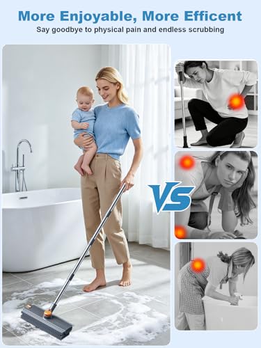 Floor Scrub Brush with Long Handle, 4 in 1 Shower Scrubber with Floor Squeegee and Heavy-Duty Stiff Bristle Push Broom for Cleaning Shower Bathroom Patio Pool Kitchen Wall Deck Tile Garage - color: Gray