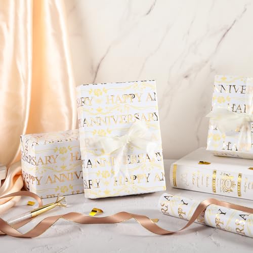 WRAPAHOLIC Happy Anniversary Wrapping Paper Roll - Mini Roll - 17 Inch x 16.5 Feet - Gold Foil Happy Anniversary Lettering Design Perfect for Celebration, Party - color: Happy Anniversary - Gold, size: 17 inch x 16.5 feet