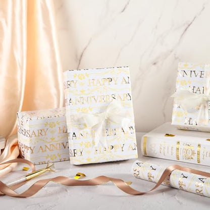 WRAPAHOLIC Happy Anniversary Wrapping Paper Roll - Mini Roll - 17 Inch x 16.5 Feet - Gold Foil Happy Anniversary Lettering Design Perfect for Celebration, Party - color: Happy Anniversary - Gold, size: 17 inch x 16.5 feet