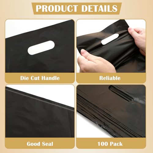 100 Pack Black Plastic Bags, 9"x12" Merchandise Bags With Die Cut Handles - color: Black