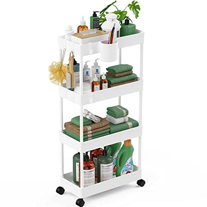 LEHOM Slim Rolling Storage Cart - 4 Tiers Bathroom Organizer Utility Cart - color: Pear White