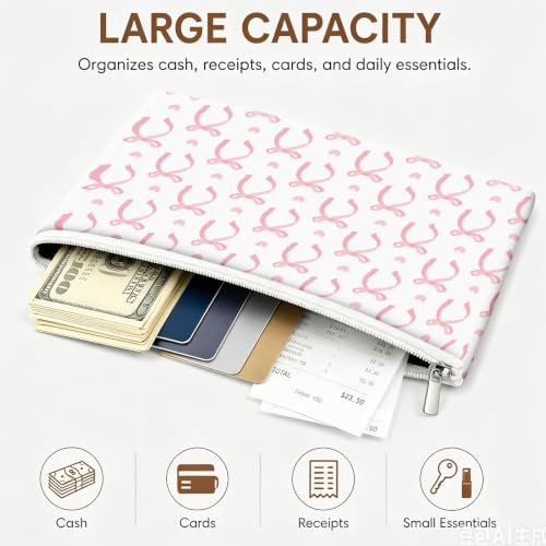 Money Bag with Zipper, Cute PU Leather Cash Bags, Portable Bank Bag Money Pouch for Cash, Coins, Checks, Receipts, Invoices Cosmetics Tools, Deposit Bag for Office Travel, Pink Ribbon - color: Pink Ribbon