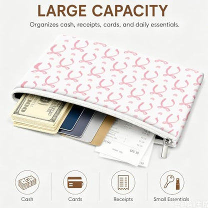 Money Bag with Zipper, Cute PU Leather Cash Bags, Portable Bank Bag Money Pouch for Cash, Coins, Checks, Receipts, Invoices Cosmetics Tools, Deposit Bag for Office Travel, Pink Ribbon - color: Pink Ribbon