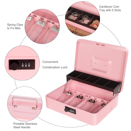 Cash Box with Money Tray and Combination Lock, Metal Money Box for Cash Register, Tiered Lock Box for Money 11.8" x 9.4" x 3.54" Pink - color: Pink with Combination Lock