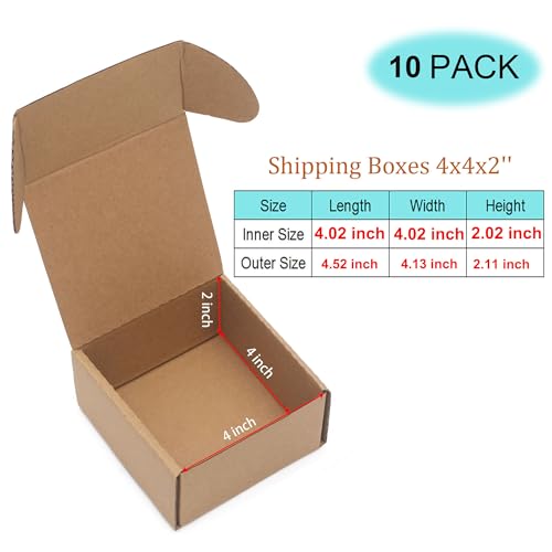 10 Pack Small Shipping Boxes 4x4x2'' (Inner Size) Corrugated Small Cardboard Boxes for Shipping, Recyclable Packaging Boxes for Business, Mailer, Gift Packing, Crafts Packing, Jewelry Boxes, Brown - size: 4 x 4 x 2 inches 10 pack