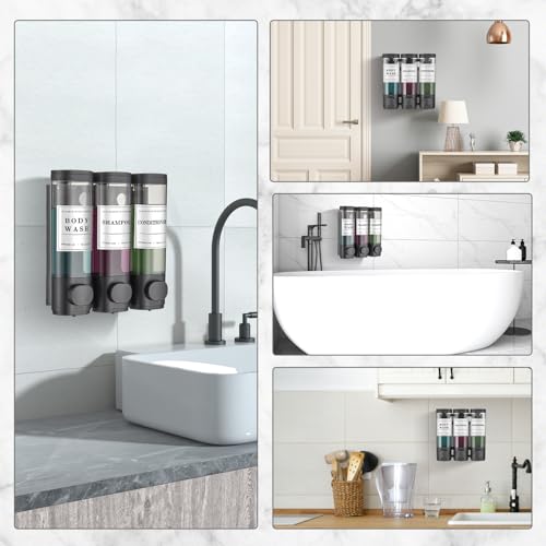 Shampoo and Conditioner Dispenser Shower Dispenser Body Wash Wall Mounted Shampoo Dispenser for Shower Wall No Drill for Bathroom Hotel 3 Chamber x 350ml Black with Waterproof Labels - color: Black 3