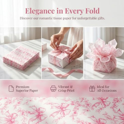 LIAPAWPAW Pink Bow Floral Tissue Paper for Gift Bags, 60 Sheets 20x14 Inch - color: Pink Bow & Floral Toile