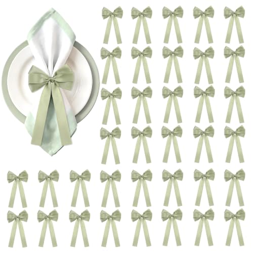 Cheereveal 12Pcs Sage Green Satin Bow Napkin Rings, Pre-Tied - color: Sage Green