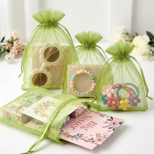 FUNFERY 100Pcs Green Organza Bags 5x7 in,Small Mesh Drawstring Gift Bag - color: Classic Green