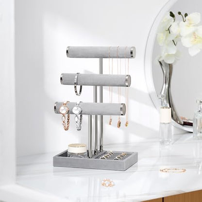 Jewelry Organizer Stand Display, 3 Tier Velvet Bracelet Holder, Grey - color: Grey, size: Standard