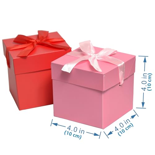 Gift Box with Lid & Ribbon for present, 12pcs, Pink & Red, 4"×4"×4" - color: Pink & Red, size: 4 x 4 x 4 Inch