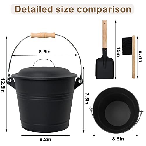 Poofzy Ash Bucket for Fireplace, 1.3 Gallon Ash Bucket with lid for Wood Stove, Includes Shovel, Broom and Gloves Indoor & Outdoor - size: 1.3 Gallon (Black)