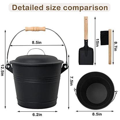 Poofzy Ash Bucket for Fireplace, 1.3 Gallon Ash Bucket with lid for Wood Stove, Includes Shovel, Broom and Gloves Indoor & Outdoor - size: 1.3 Gallon (Black)
