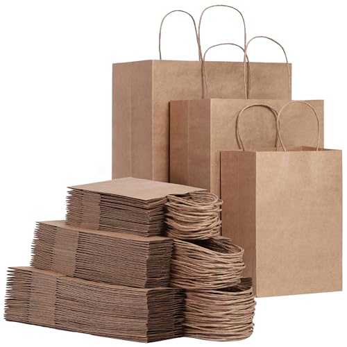 FACEBAG 120-Pack Brown Kraft Paper Bags with Handles Bulk,3 Assorted Sizes Gift Bags for Favors Grocery,Retail,Party,Birthday,Shopping,Business,Craft Merchandise Take Out Sacks - color: Brown, size: 120 Count (Pack of 1)