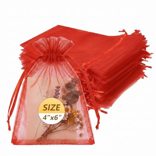 Wudygirl 100 PCS Organza Bags 4"x6" Gift Bags with Drawstring Bright Red - color: Bright Red, size: 4x6 IN