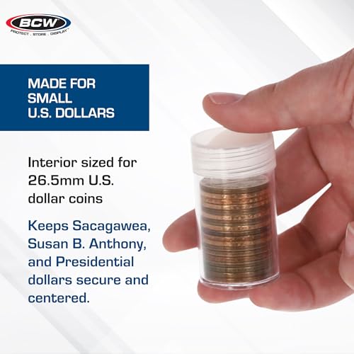 BCW Small Dollar Coin Tubes - 10 Count | Holds Sacagawea, Presidential & Susan B. Anthony Coins | Secure Plastic Coin Holders for Collectors & Storage | Durable Coin Collecting Supplies