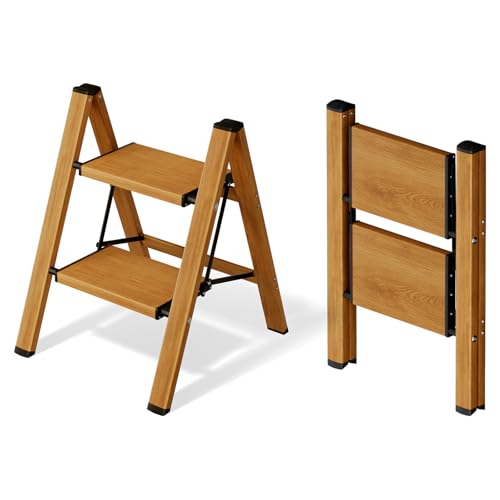 Mayi Plus 2 Step Stool Foldable, Aluminum, Lightweight Step Ladder - color: Woodgrain, size: 2 Step