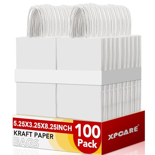 XPCARE White Paper Bags with Handles, 100Pcs 5.25x3.25x8.25'' Kraft Bags - color: White, size: 1 Count (Pack of 100)