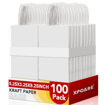 XPCARE White Paper Bags with Handles, 100Pcs 5.25x3.25x8.25'' Kraft Bags - color: White, size: 1 Count (Pack of 100)